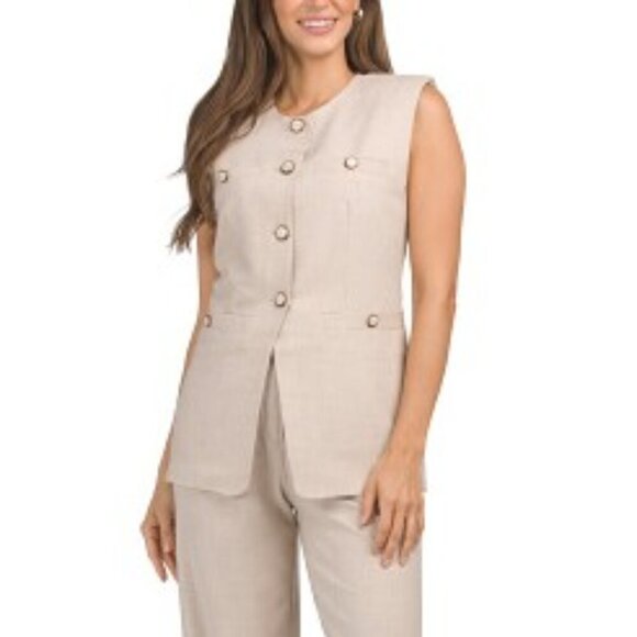 NWT RACHEL ZOE SZ 6 Basket Weave Long Vest With Gold Tone Buttons Tan Beige - Picture 1 of 9